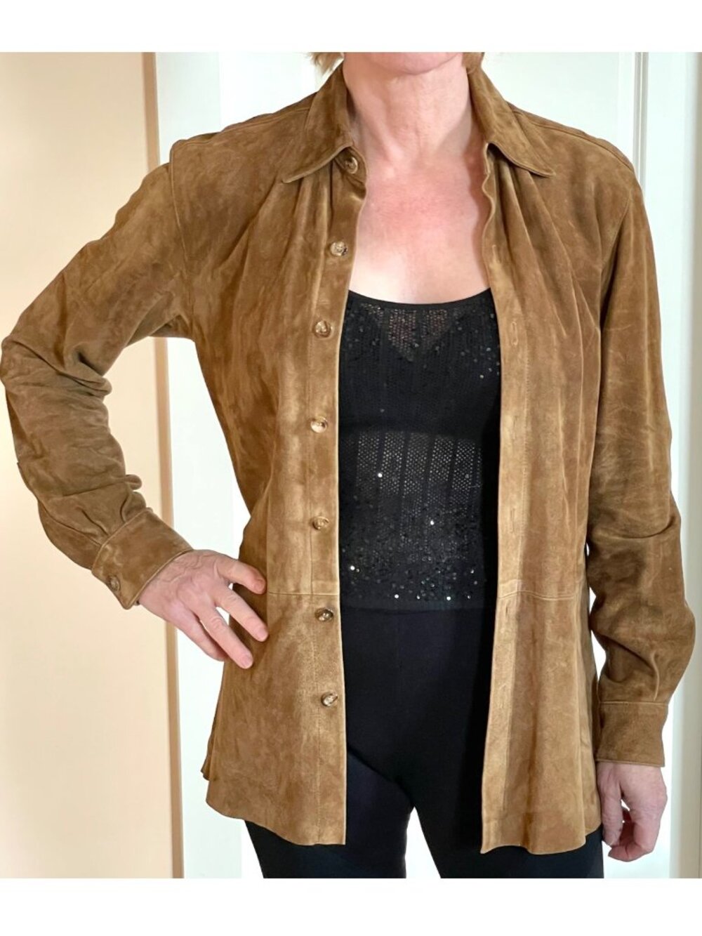 Vintage Juliana Collezione Suede Shirt Jacket Button Front Brown 90s Minimalist